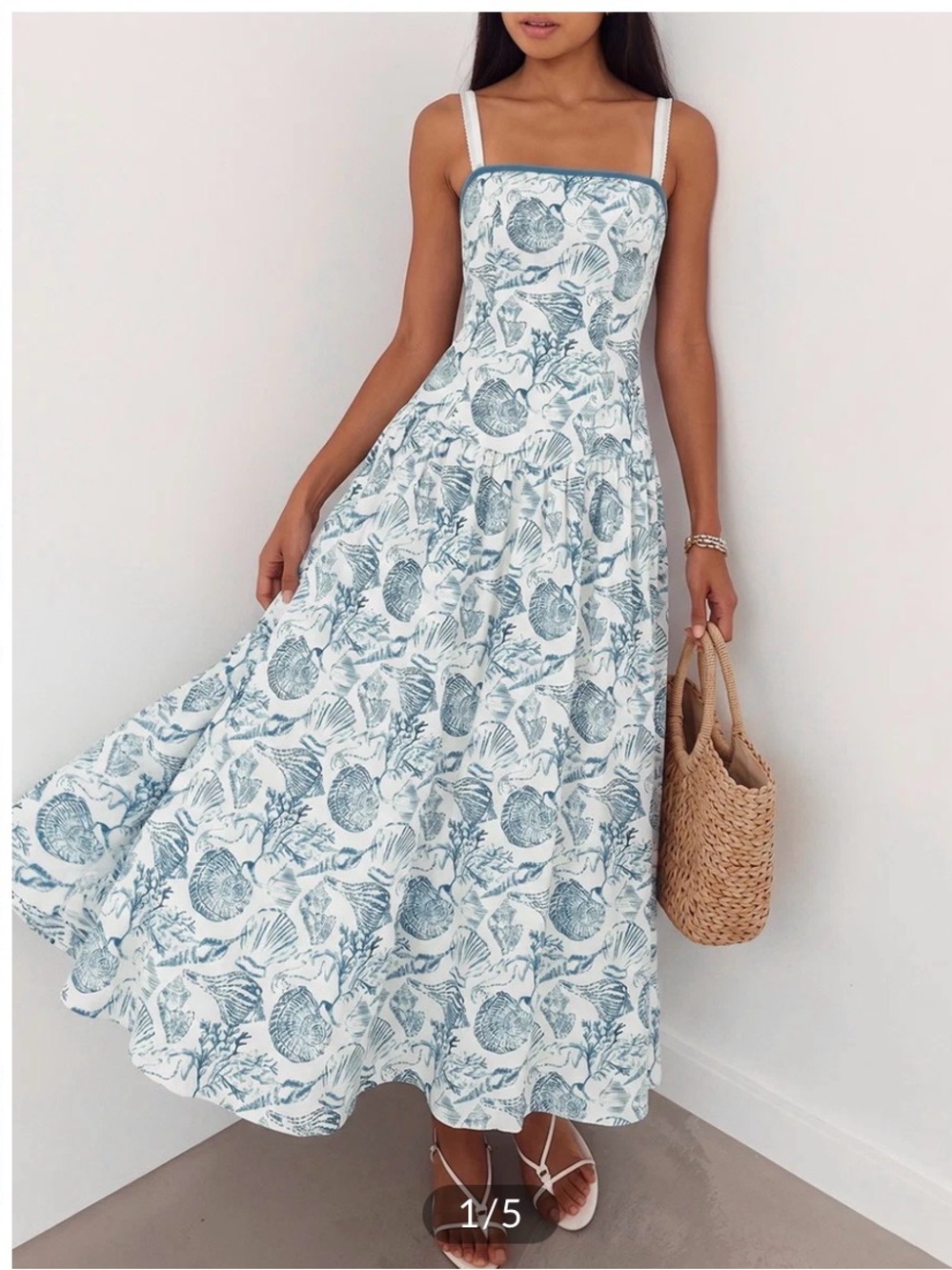 Commense White Maxi Dress with Blue Shell Print